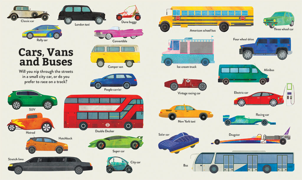 A double-page spread from the book Trucks! And Other Things That Go